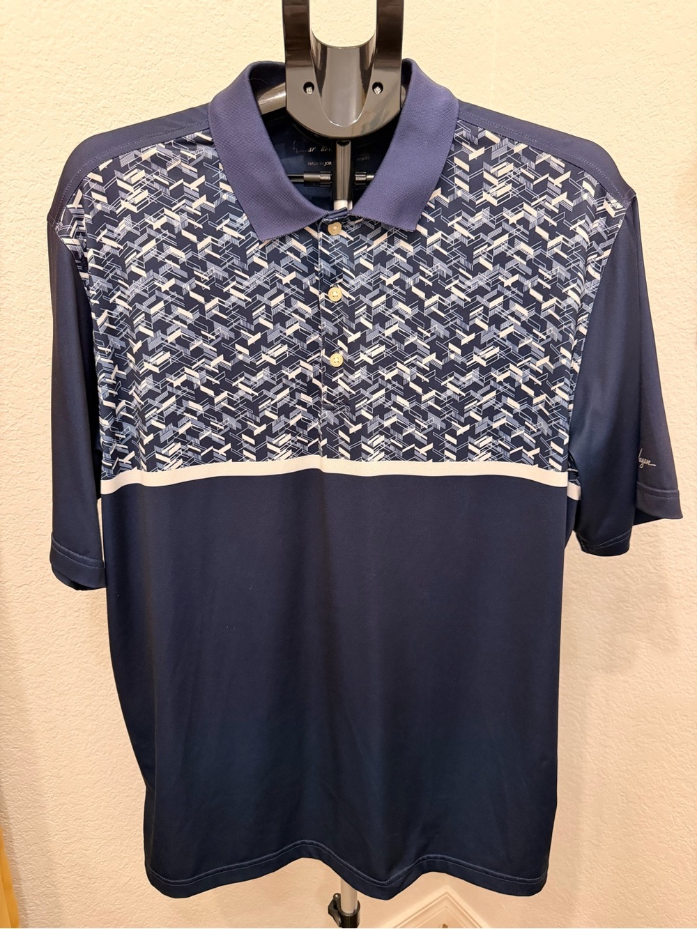 Walter Hagen Navy Blue Short Sleeve Polo with Geometric Chest Panel